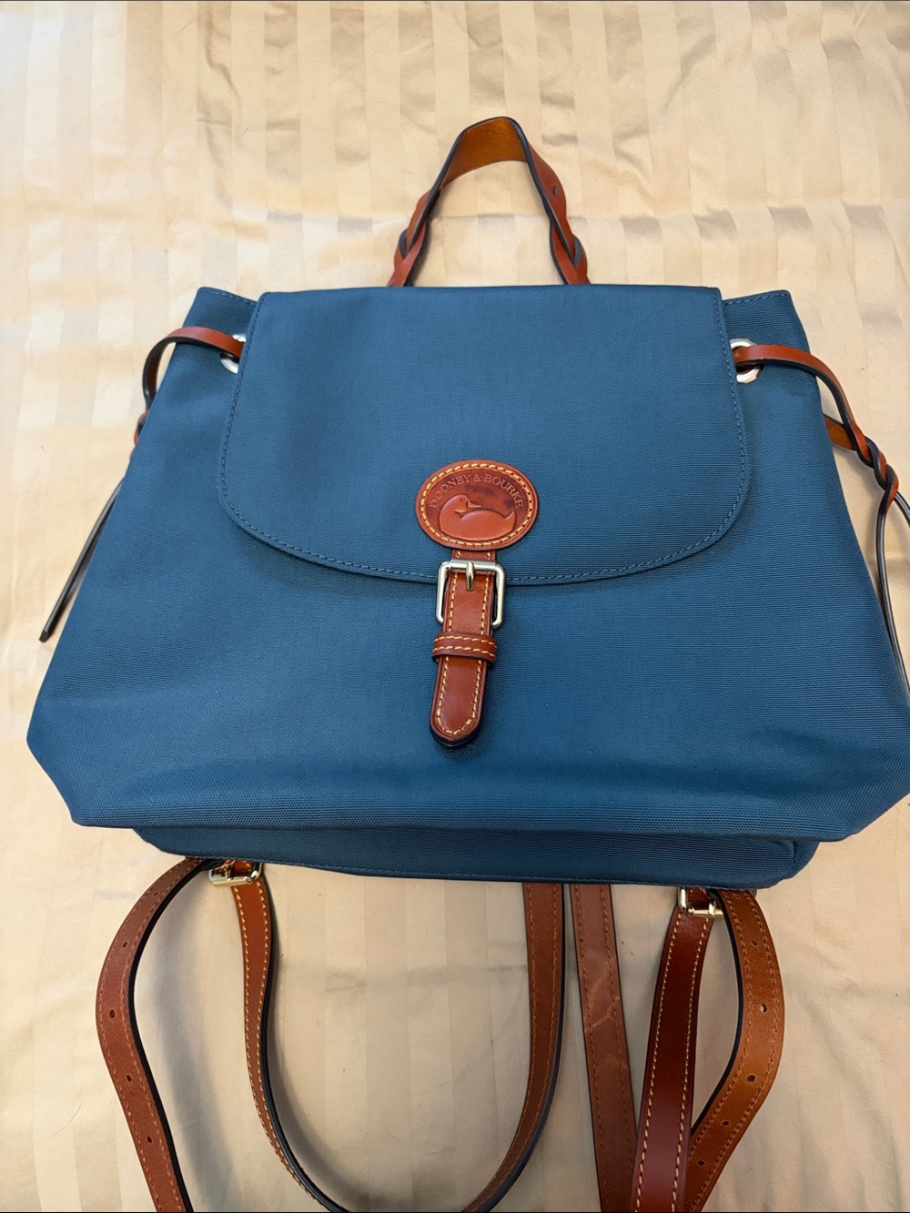 Dooney & Bourke Navy Canvas Backpack with Brown Leather Trim